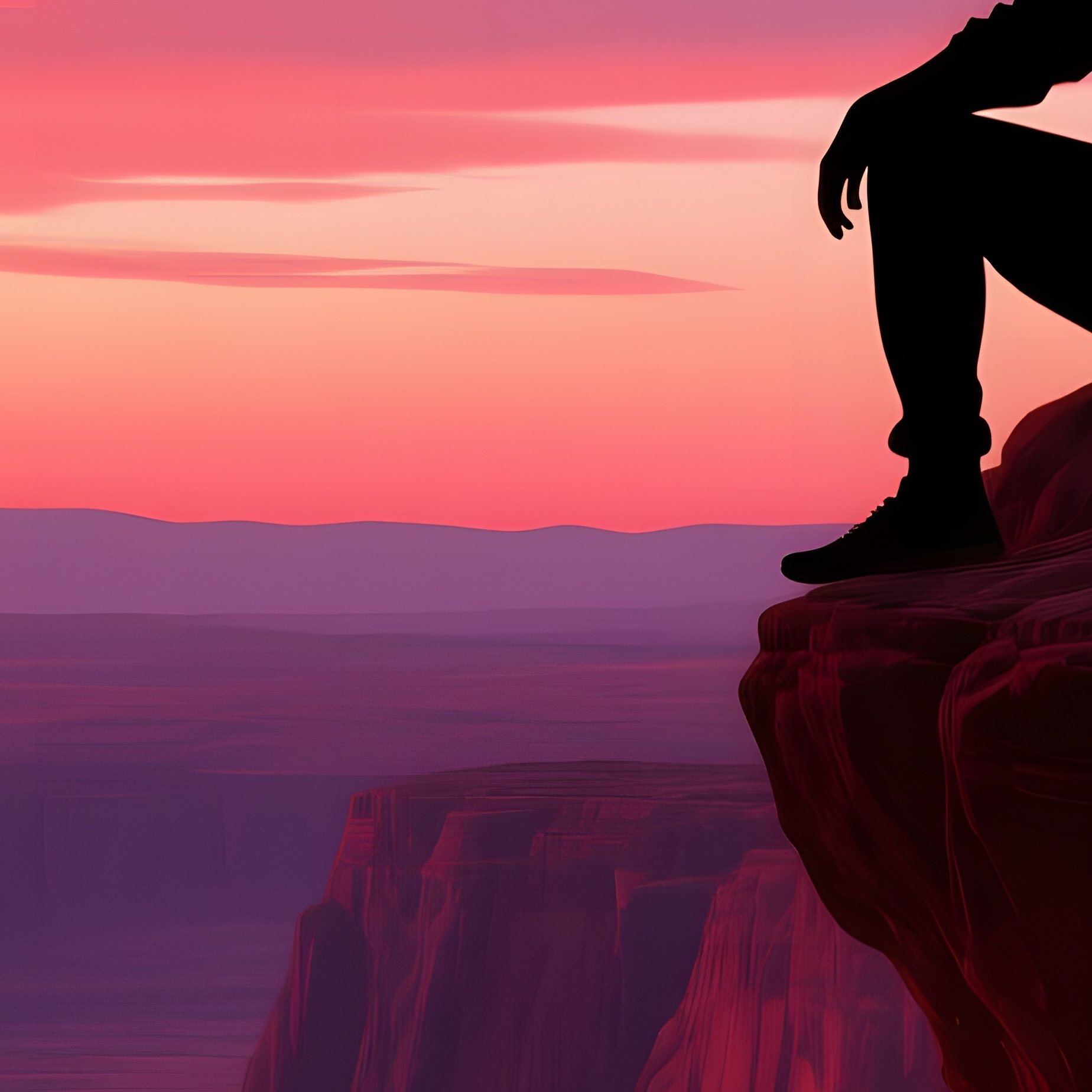 A Tranquil Desert Canyon At Dusk, A Male Silhouette Perched On A Rock Ledge, Deep Reds And Purples - Full Resolution Quality Preview
