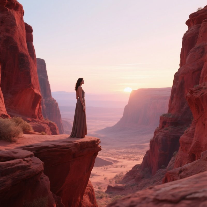 A Tranquil Desert Canyon With Red Rock Formations At Sunrise, A Female Figure Standing On A Ledge,