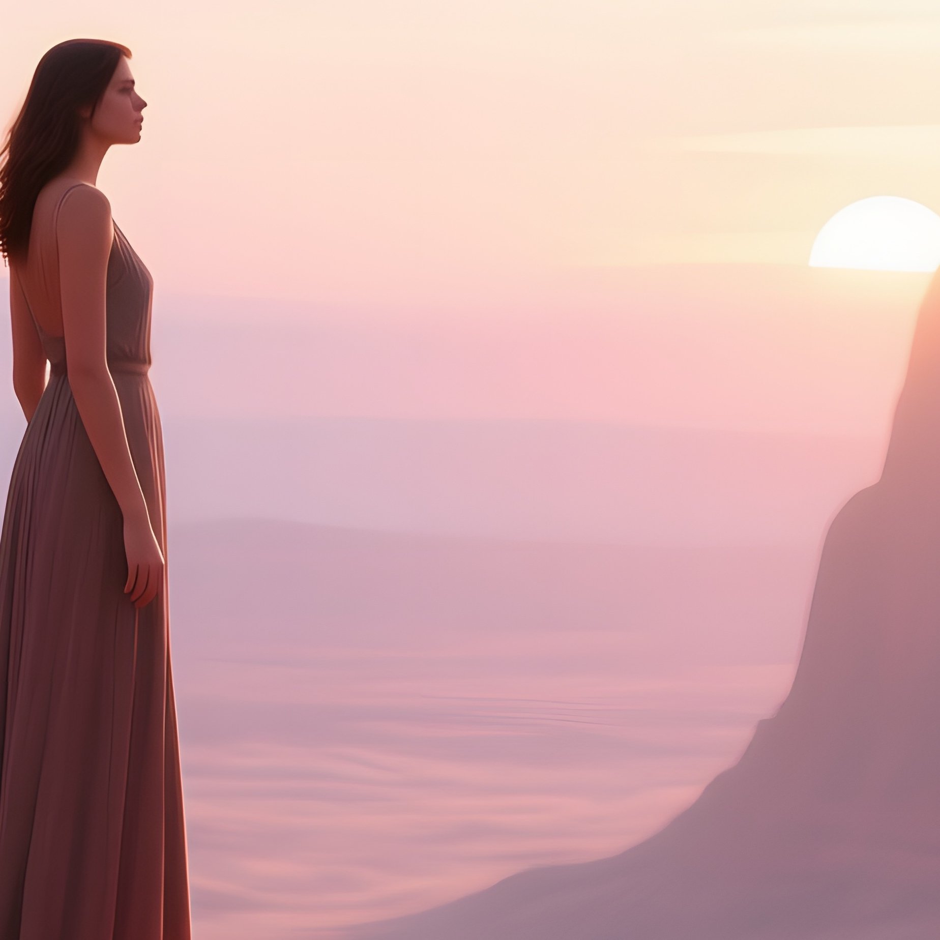 A Tranquil Desert Canyon With Red Rock Formations At Sunrise, A Female Figure Standing On A Ledge, - Full Resolution Quality Preview