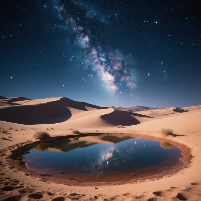 A Tranquil Desert Night Sky Filled With Countless Stars, Sand Dunes Casting Soft Shadows, A Lone