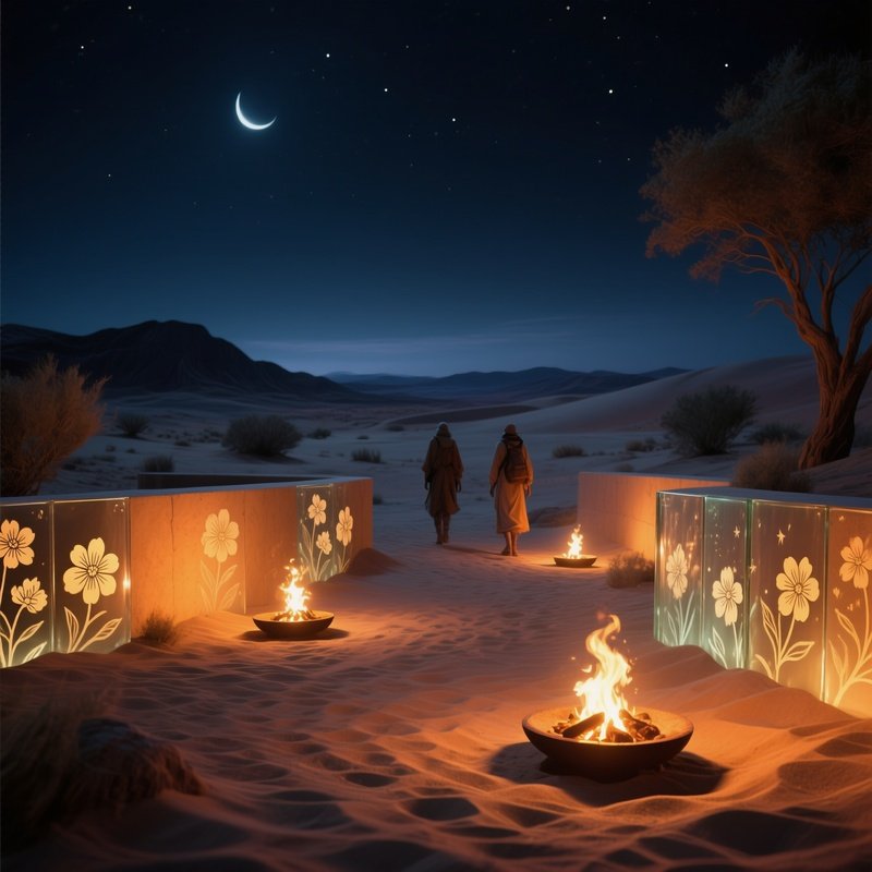 A Tranquil Desert Oasis At Night, Fire Pits Surrounded By Low Walls Of Sand‑Colored Glass Etched