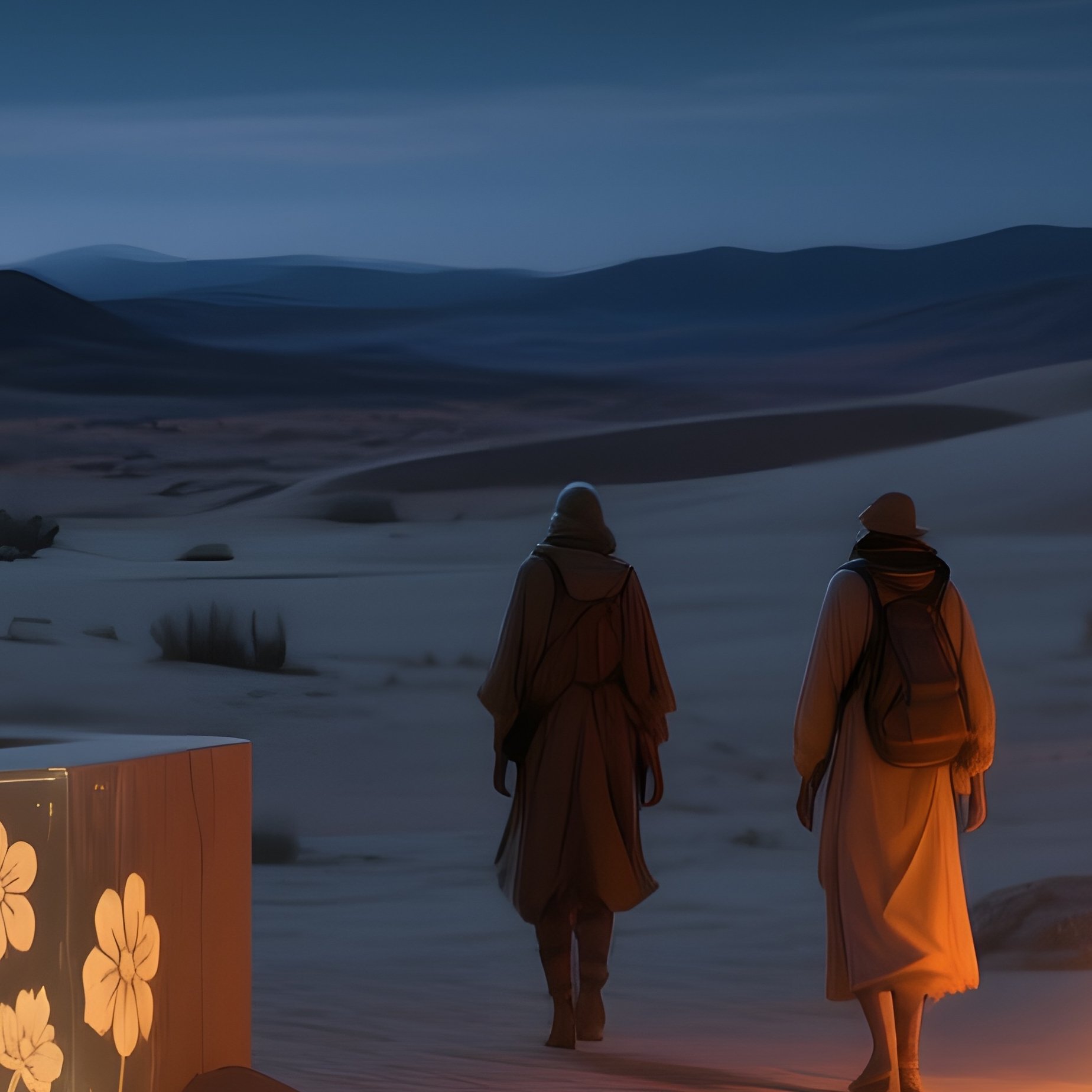 A Tranquil Desert Oasis At Night, Fire Pits Surrounded By Low Walls Of Sand‑Colored Glass Etched - Full Resolution Quality Preview