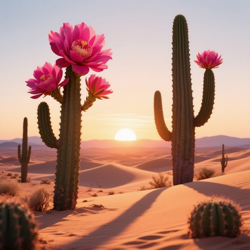 A Tranquil Desert Sunrise Where Towering Pop‑Art Cacti Bloom With Oversized Magenta Blossoms, Warm