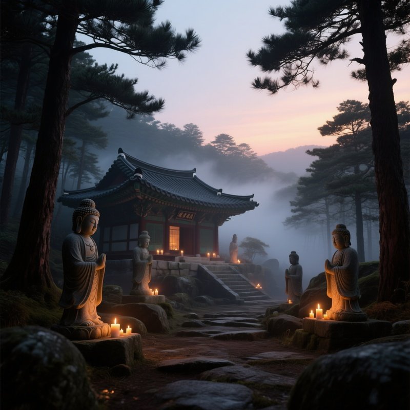 A Tranquil Dusk At A Korean Temple Nestled In Pine Forest, Stone Statues Illuminated By Soft