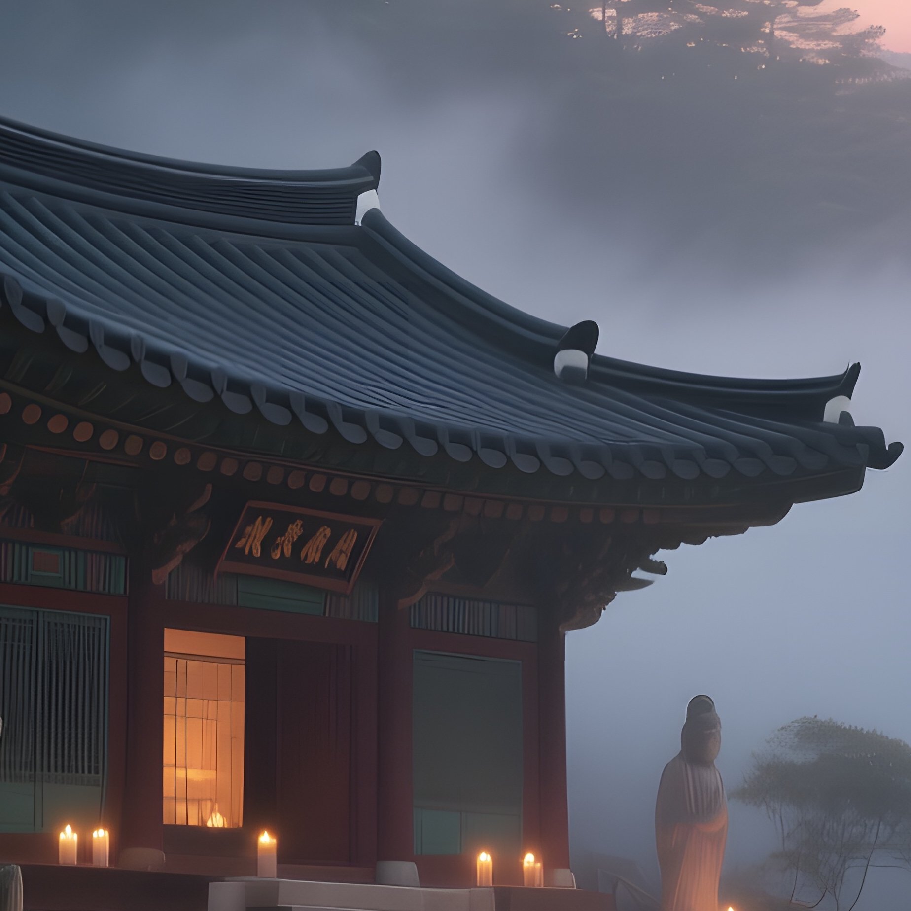 A Tranquil Dusk At A Korean Temple Nestled In Pine Forest, Stone Statues Illuminated By Soft - Full Resolution Quality Preview