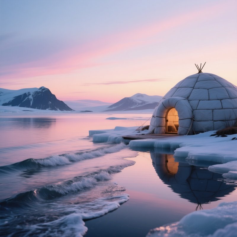 A Tranquil Dusk Scene Where Gentle Waves Lap Against Icy Shores Beside An Igloo, The Water