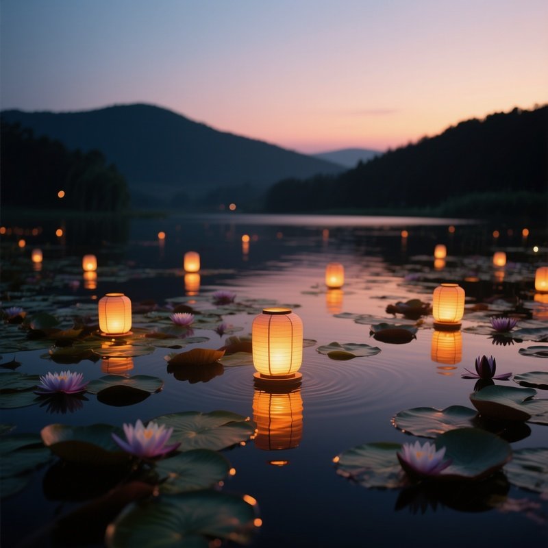 A Tranquil Dusk Scene With Lanterns Floating Among The Water Lilies, Casting Warm Amber Circles On