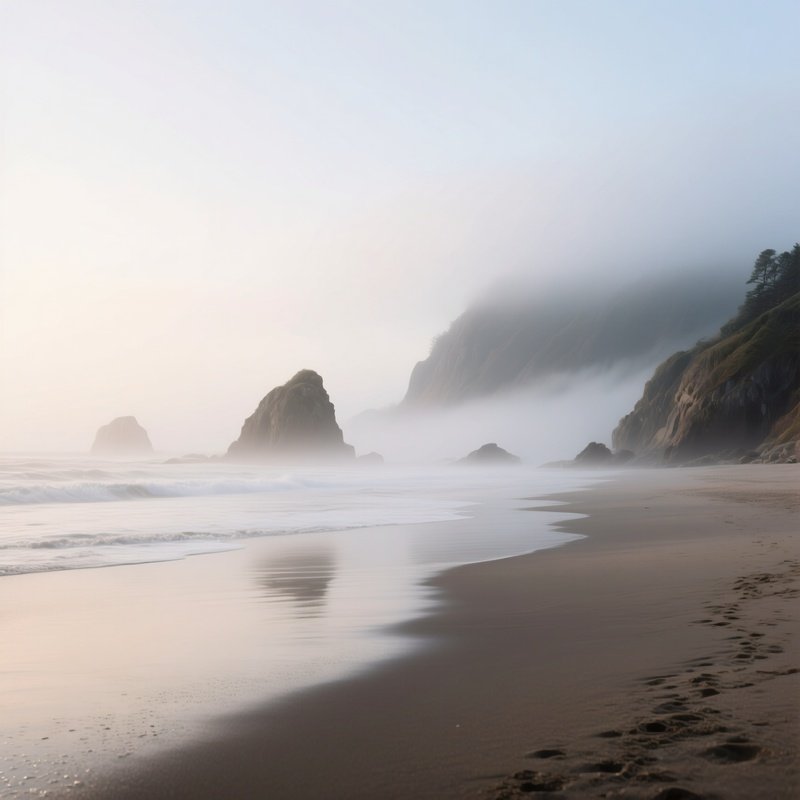 A Tranquil Early Morning At A Deserted Beach, With Misty Fog Rolling In From The Sea, Casting A