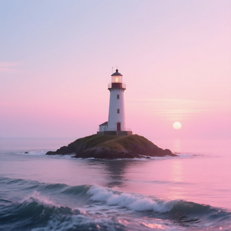 A Tranquil Early‑Morning View Of A Lighthouse On A Tiny Islet, Waves Gently Lapping Its Base,