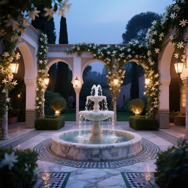 A Tranquil Evening In A Royal Garden Courtyard, Marble Fountains Spilling Crystal‑Clear Water,