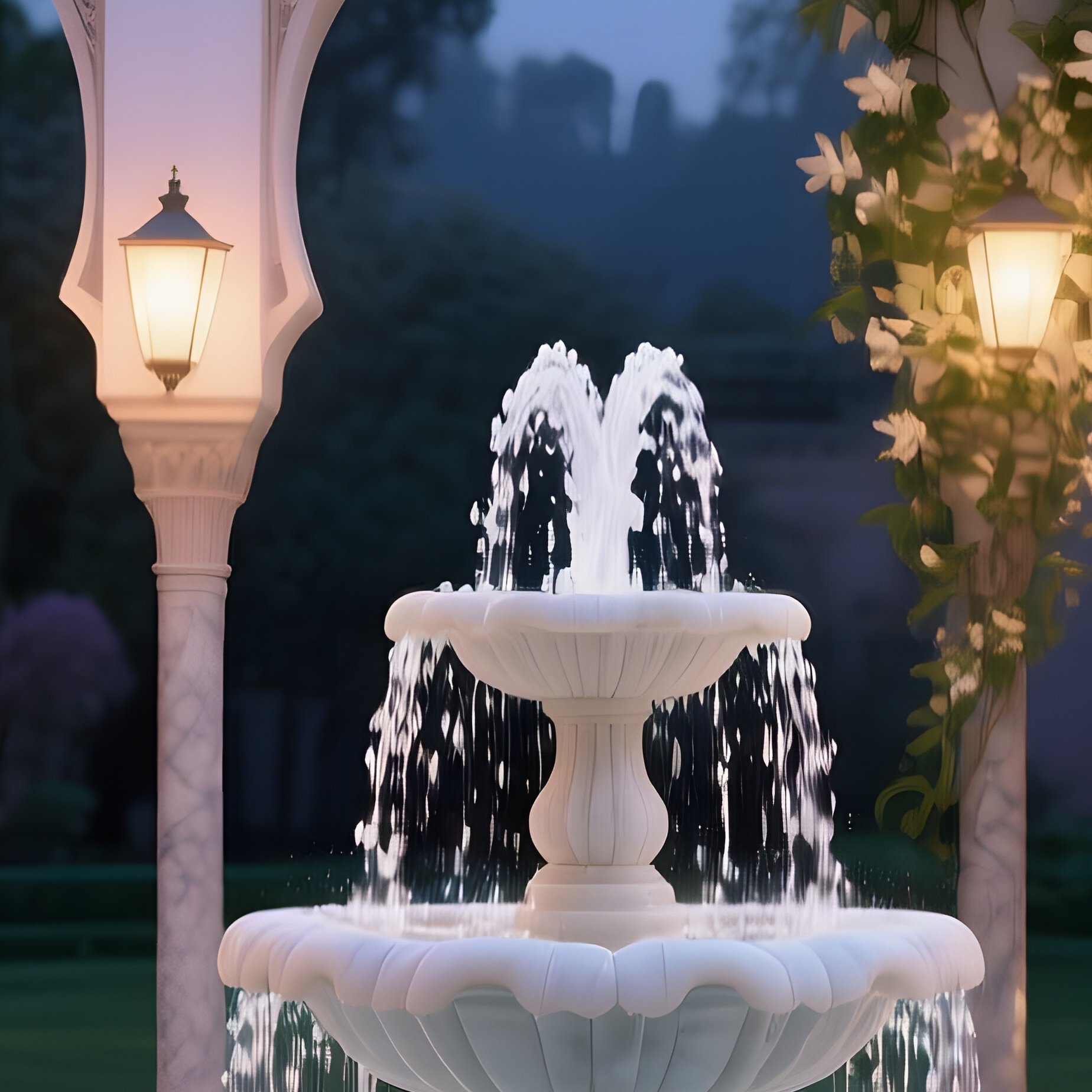 A Tranquil Evening In A Royal Garden Courtyard, Marble Fountains Spilling Crystal‑Clear Water, - Full Resolution Quality Preview