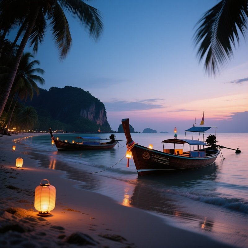A Tranquil Evening On A Thai Beach, Traditional Longtail Boats Anchored Near Shore, Lanterns