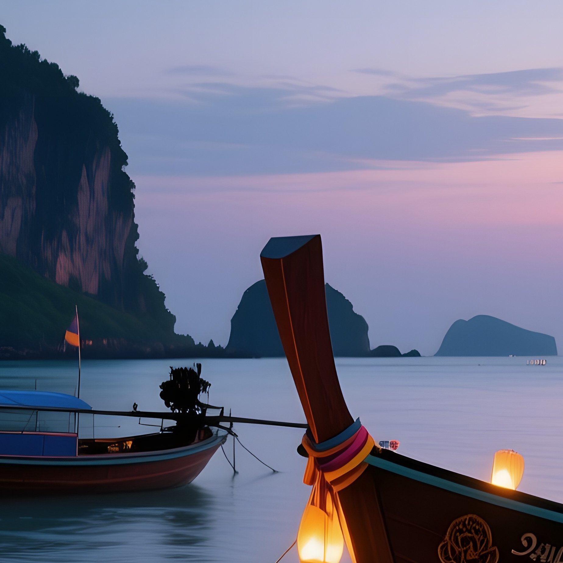 A Tranquil Evening On A Thai Beach, Traditional Longtail Boats Anchored Near Shore, Lanterns - Full Resolution Quality Preview