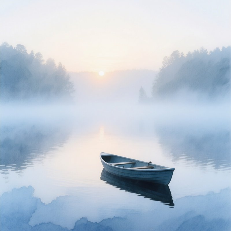 A Tranquil Foggy Lake At Dawn, Lone Rowboat Gently Bobbing, Watercolor Muted Blues And Pale Grays
