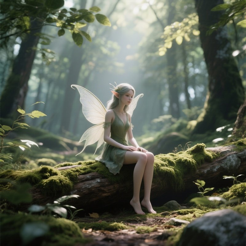 A Tranquil Forest Glade Where A Stone Fairy Sits On A Mossy Log, Dappled Sunlight Filtering Through