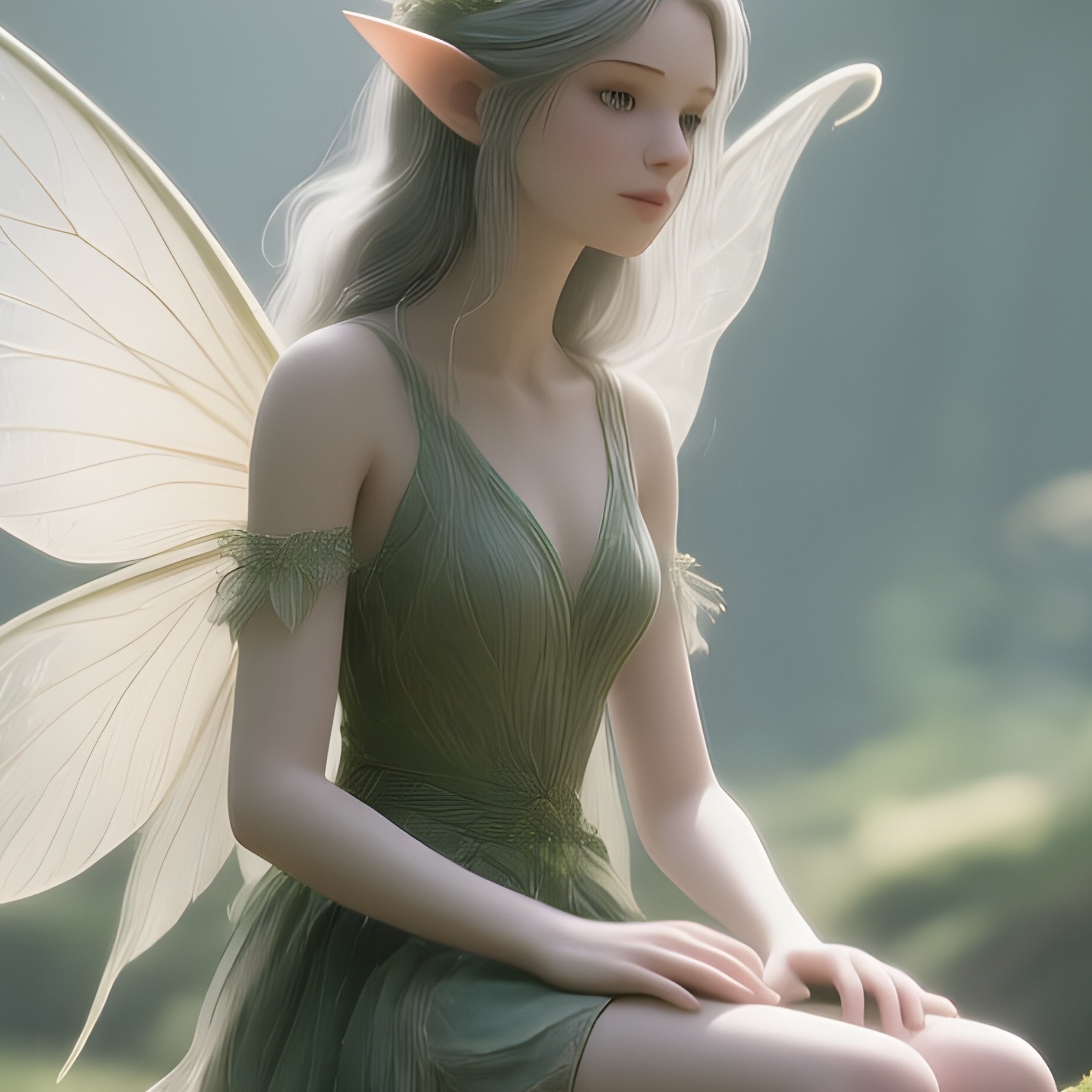 A Tranquil Forest Glade Where A Stone Fairy Sits On A Mossy Log, Dappled Sunlight Filtering Through - Full Resolution Quality Preview