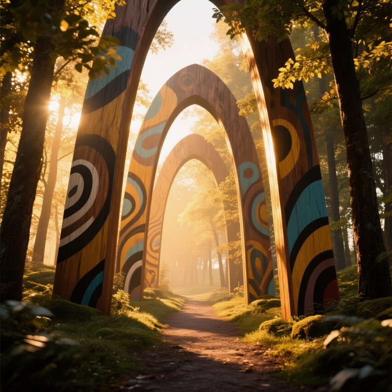 A Tranquil Forest Path At Golden Hour Where Towering Wooden Arches Are Painted With Abstract