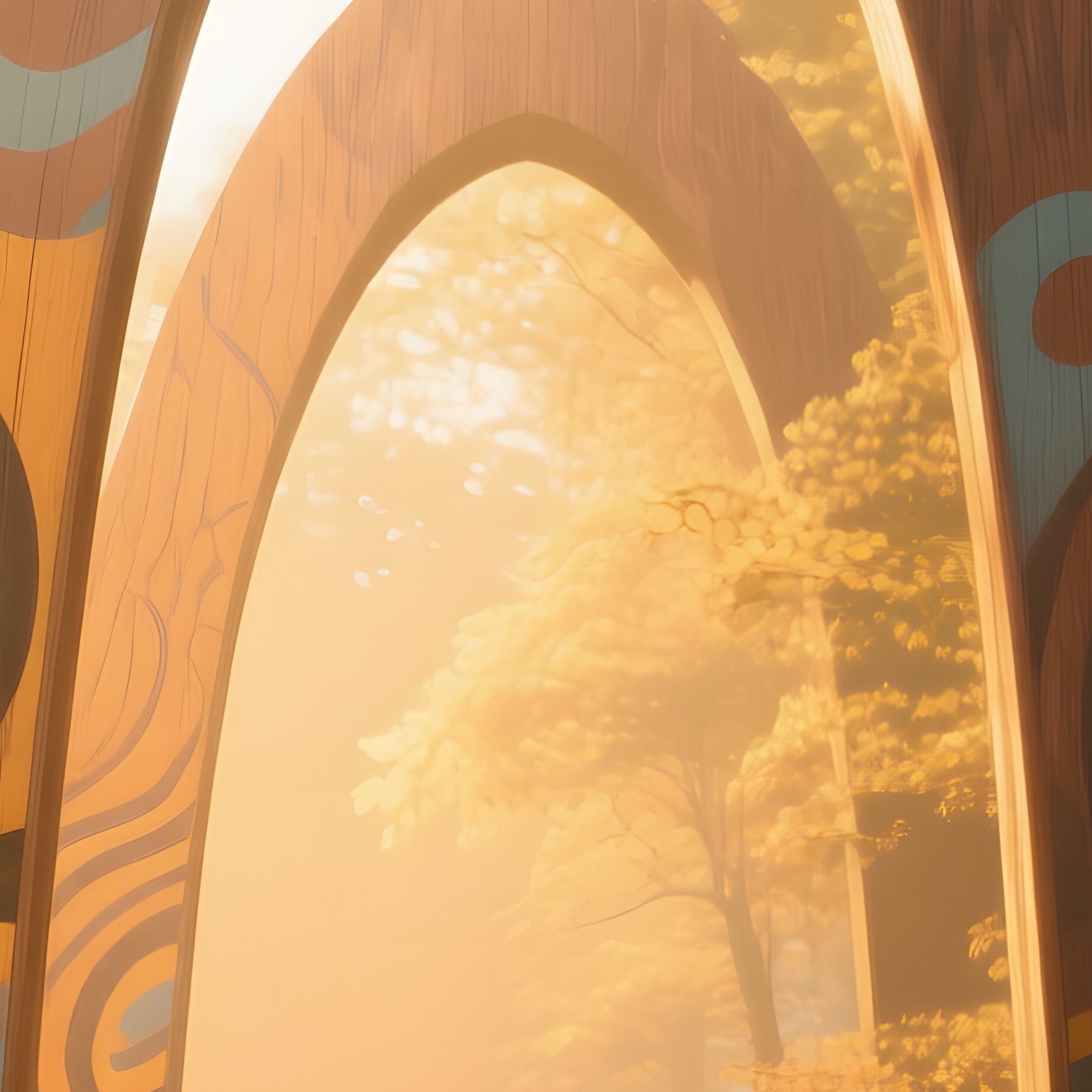 A Tranquil Forest Path At Golden Hour Where Towering Wooden Arches Are Painted With Abstract - Full Resolution Quality Preview