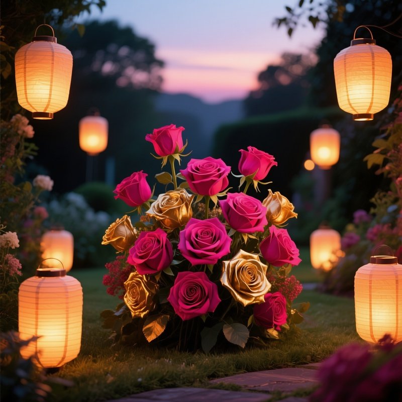 A Tranquil Garden At Dusk Illuminated By Paper Lanterns, Each Casting Warm Amber Light Onto A