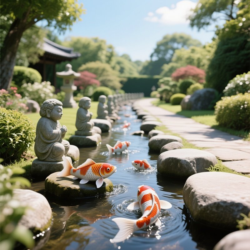 A Tranquil Garden Path Lined With Smooth River Stone Statues Of Koi Fish, Water Gently Flowing Over