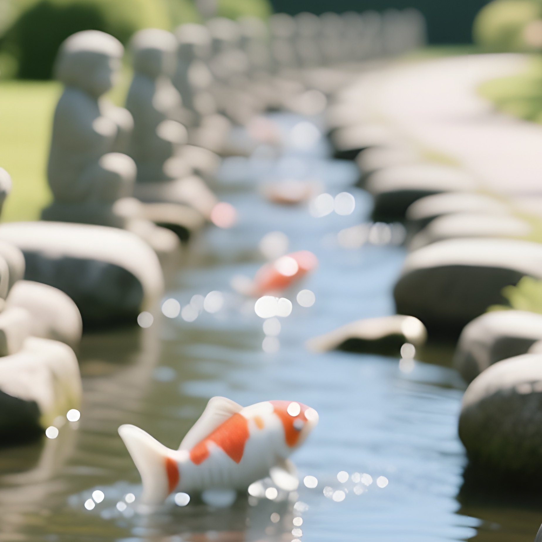 A Tranquil Garden Path Lined With Smooth River Stone Statues Of Koi Fish, Water Gently Flowing Over - Full Resolution Quality Preview