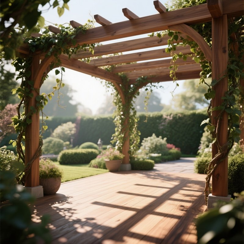 A Tranquil Garden Pergola Constructed From Smooth Cedar Beams, Vines Climbing Around Them, Dappled