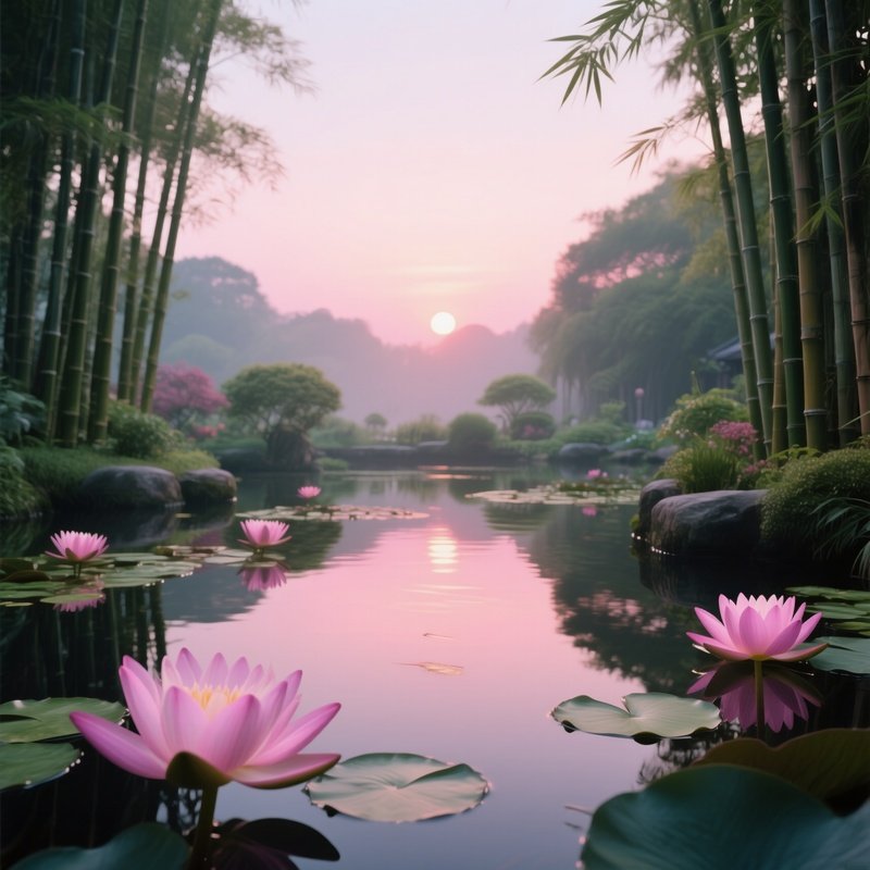 A Tranquil Garden Pond At Dawn, Lotus Flowers Opening, Soft Pink Sunrise Reflecting On Still Water,