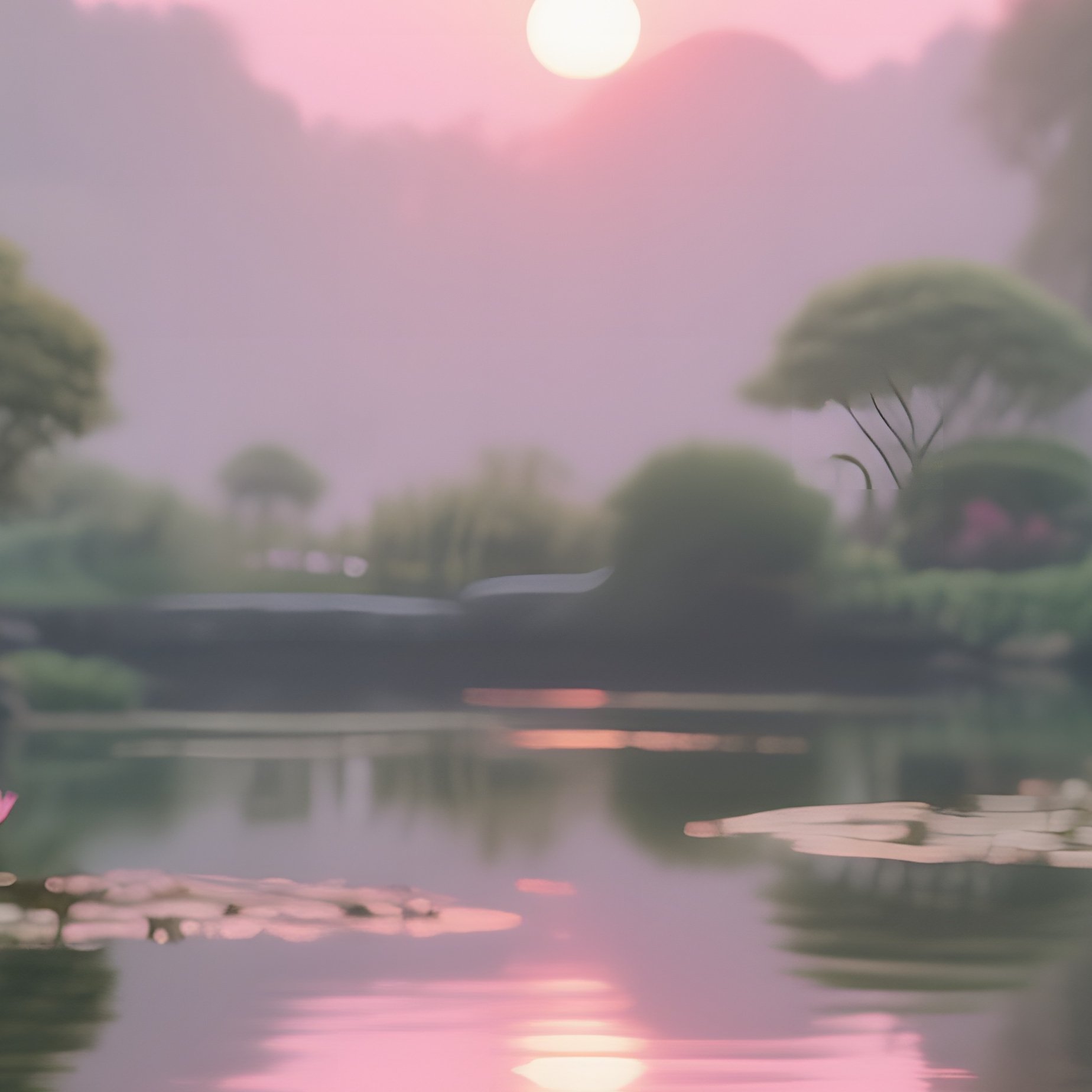 A Tranquil Garden Pond At Dawn, Lotus Flowers Opening, Soft Pink Sunrise Reflecting On Still Water, - Full Resolution Quality Preview