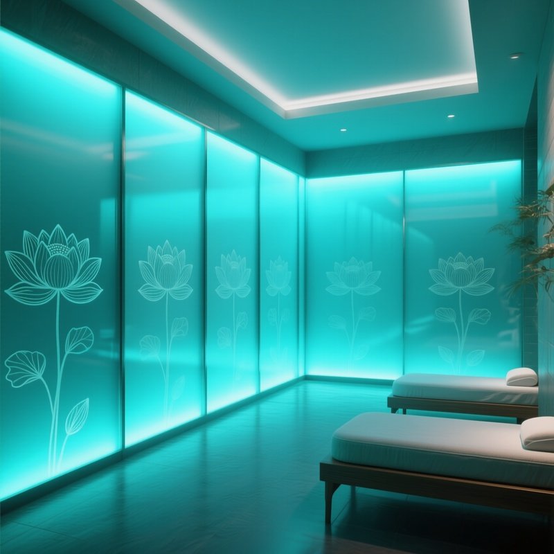 A Tranquil Indoor Spa, Walls Lined With Frosted Glass Panels Etched With Lotus Motifs, Diffusing