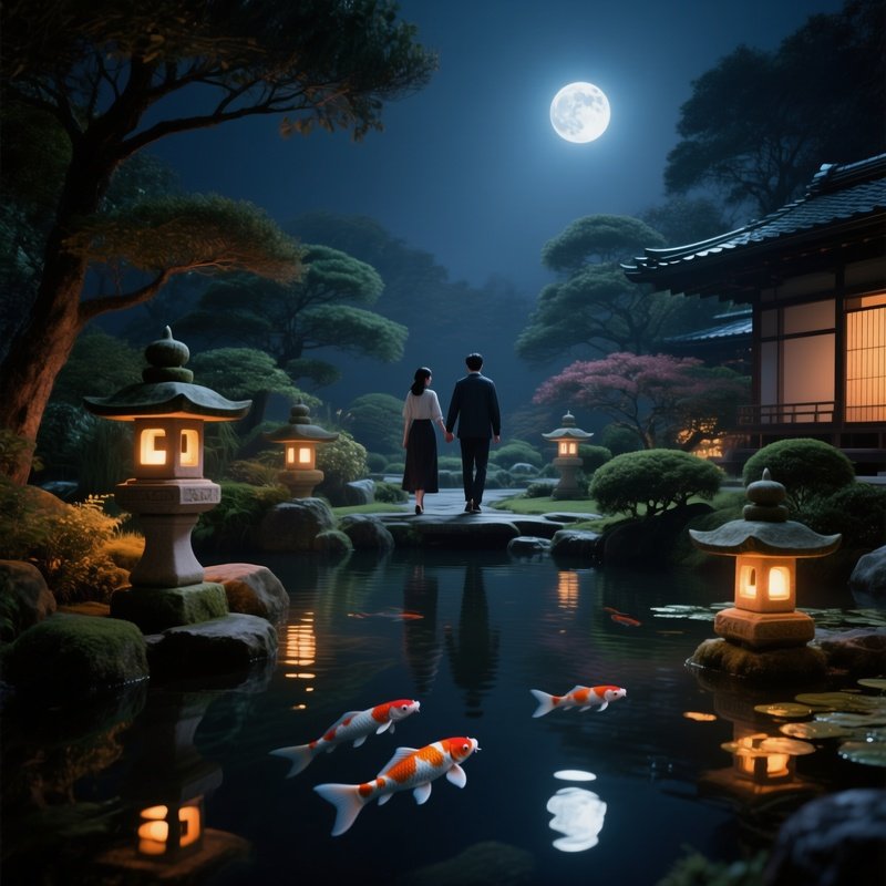 A Tranquil Japanese Garden At Night, Stone Lanterns Casting Amber Pools Of Light, Koi Swimming