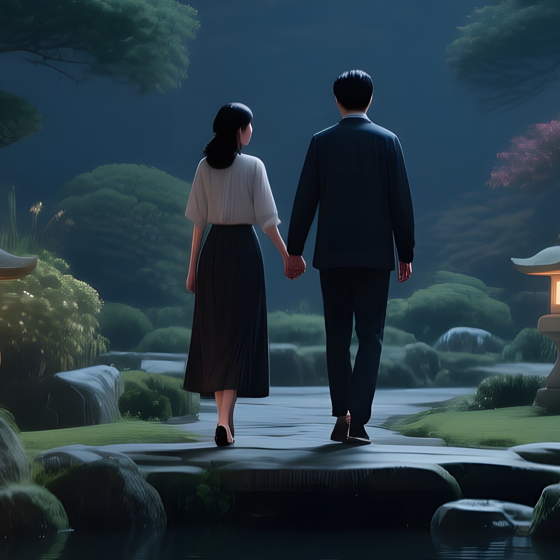 A Tranquil Japanese Garden At Night, Stone Lanterns Casting Amber Pools Of Light, Koi Swimming - Full Resolution Quality Preview