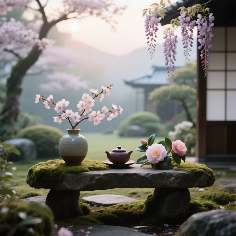 A Tranquil Japanese Tea Garden Displaying A Minimalist Arrangement Of Cherry Blossoms, Camellias,