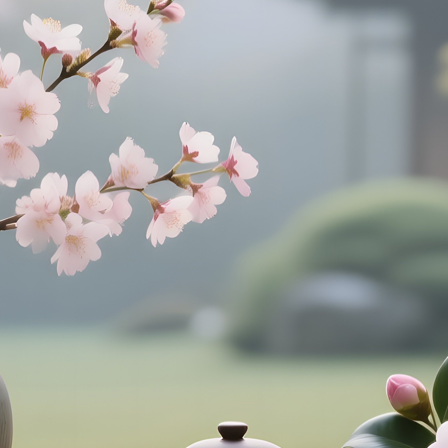 A Tranquil Japanese Tea Garden Displaying A Minimalist Arrangement Of Cherry Blossoms, Camellias, - Full Resolution Quality Preview