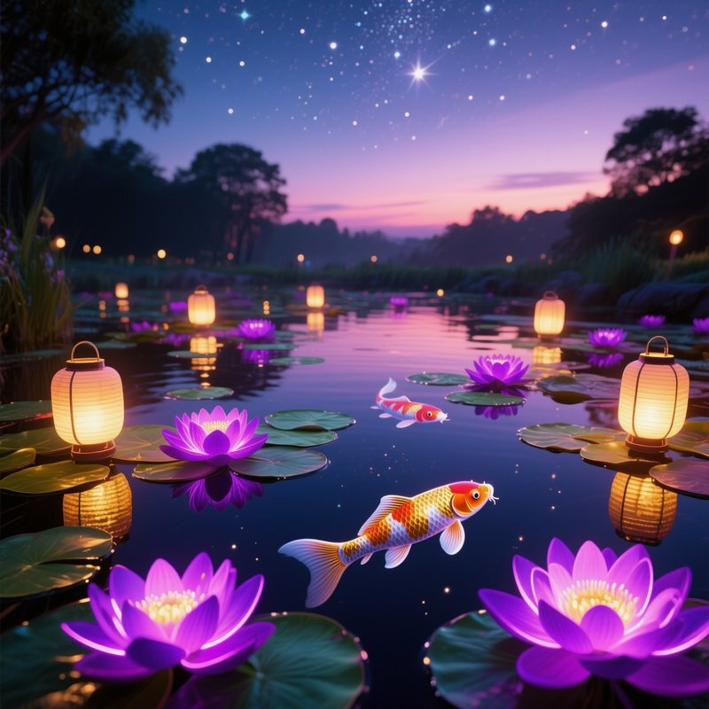 A Tranquil Koi Pond At Dusk Illuminated By Lanterns, Lily Pads Replaced By Glowing Pop‑Art Lotuses