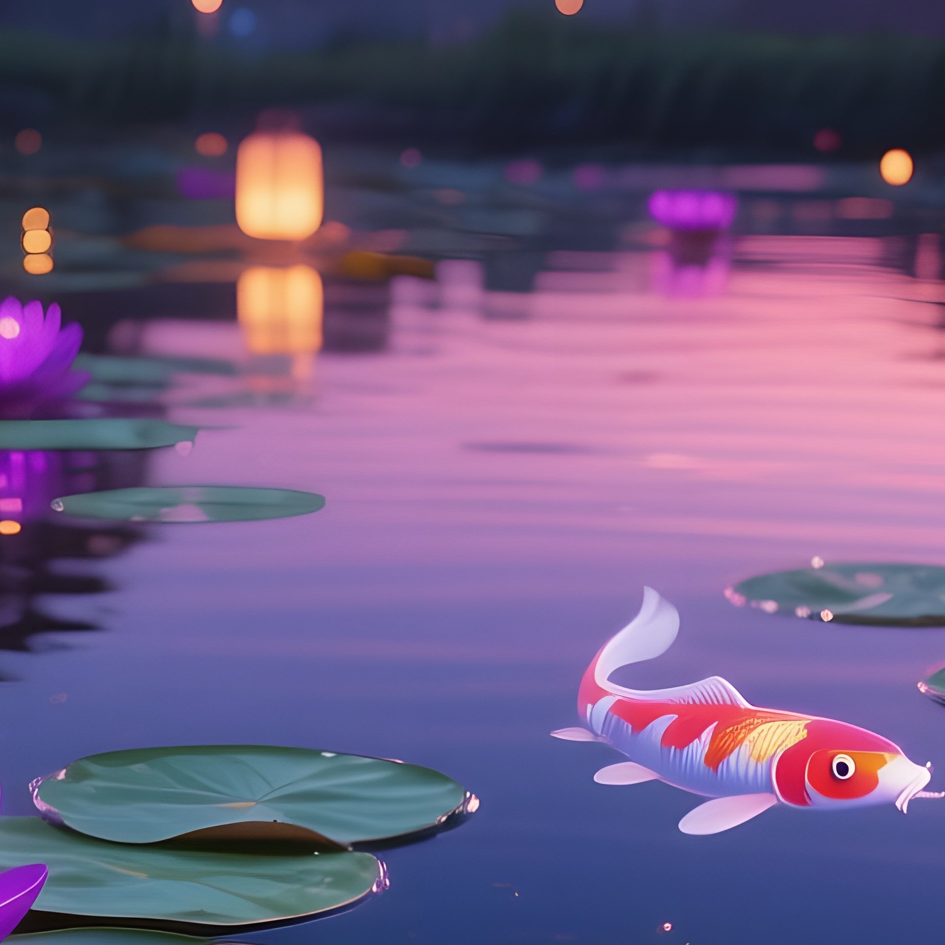 A Tranquil Koi Pond At Dusk Illuminated By Lanterns, Lily Pads Replaced By Glowing Pop‑Art Lotuses - Full Resolution Quality Preview
