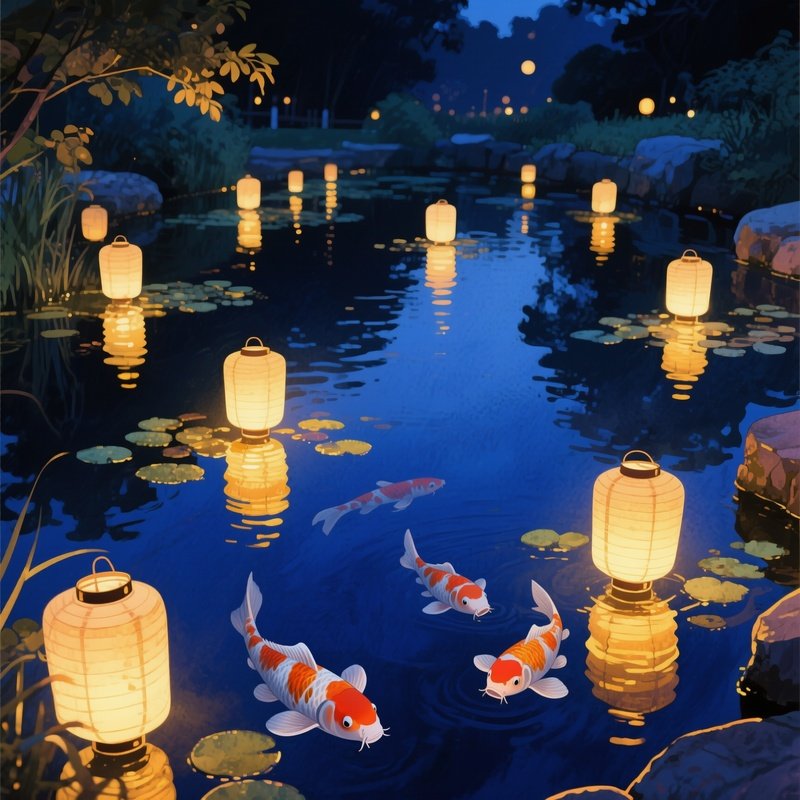 A Tranquil Koi Pond At Night Illuminated By Paper Lanterns, Water Reflecting Golden Light,