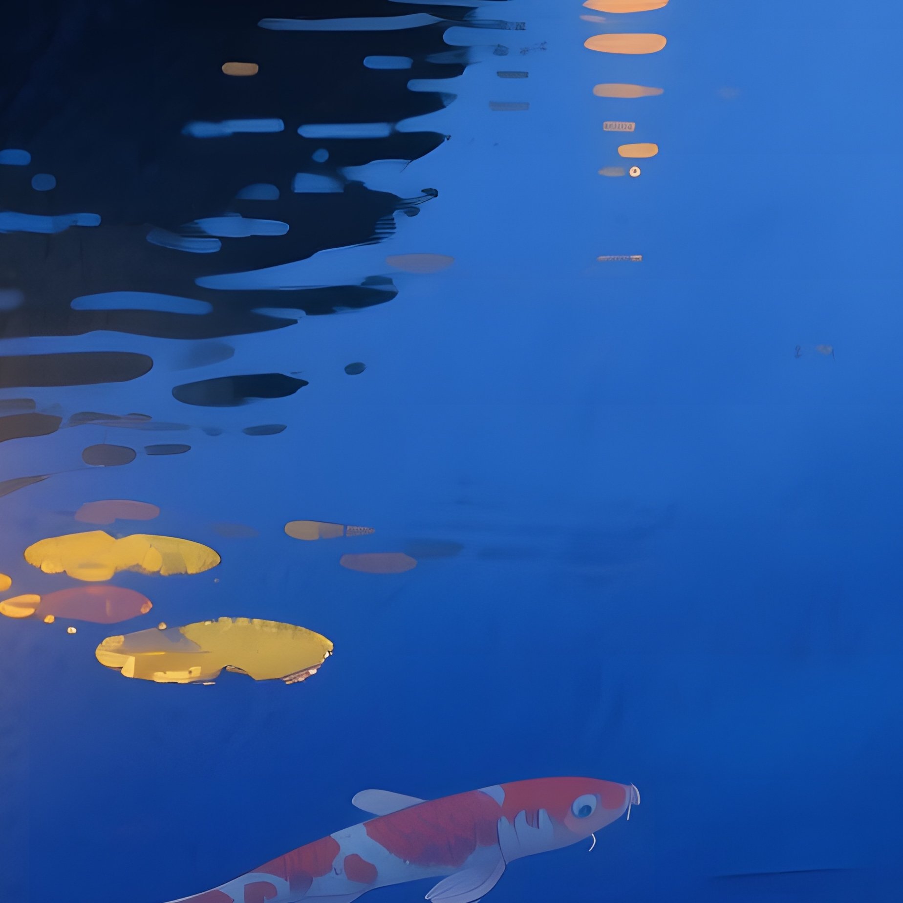 A Tranquil Koi Pond At Night Illuminated By Paper Lanterns, Water Reflecting Golden Light, - Full Resolution Quality Preview