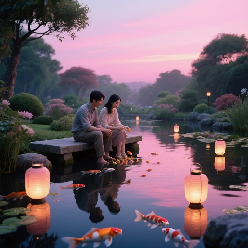 A Tranquil Koi Pond Garden At Dusk, Lanterns Floating On Water, A Couple Sits On A Stone Bench