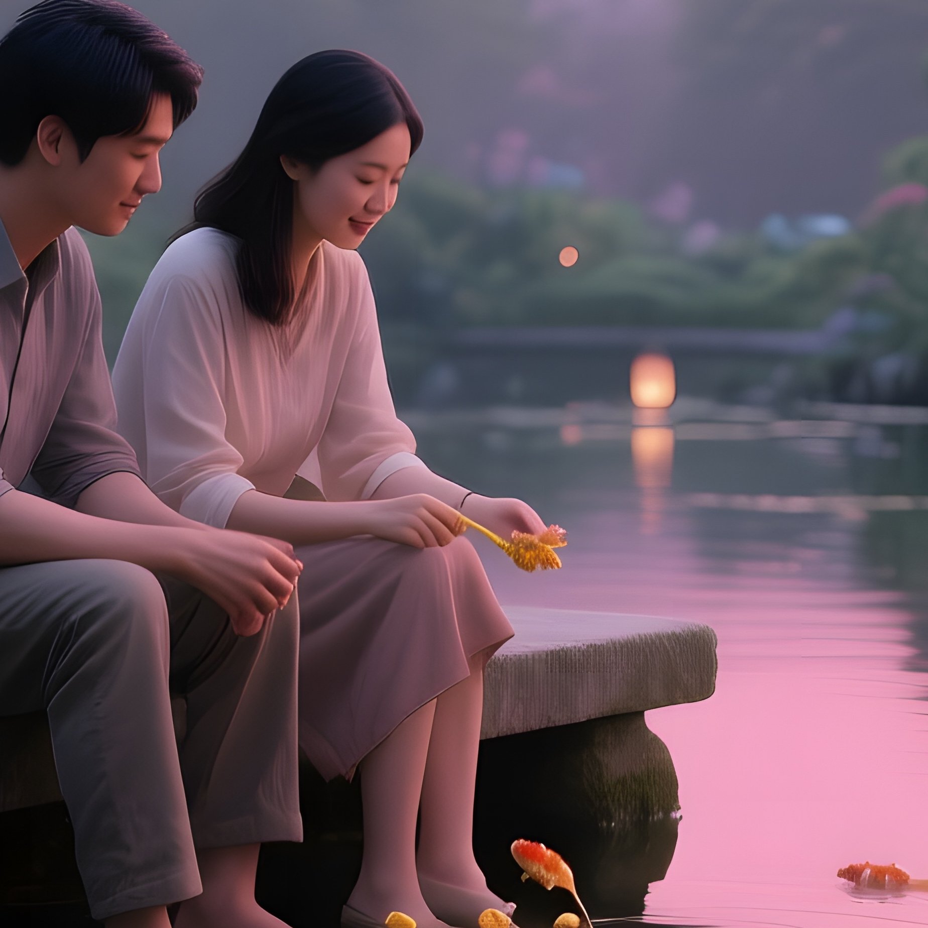 A Tranquil Koi Pond Garden At Dusk, Lanterns Floating On Water, A Couple Sits On A Stone Bench - Full Resolution Quality Preview