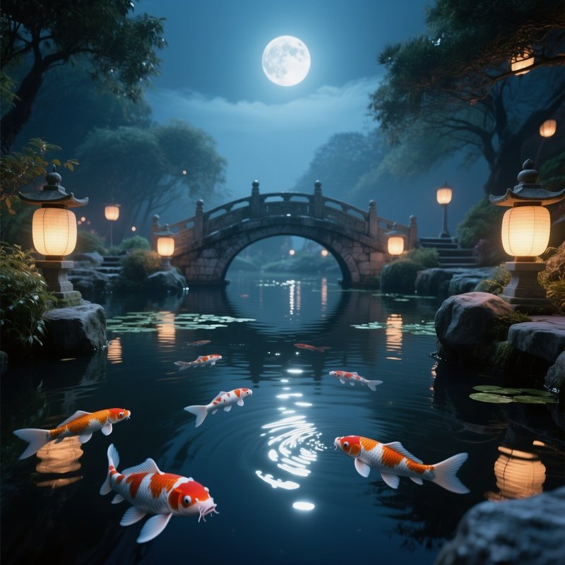 A Tranquil Koi Pond Under Moonlight, Water Surface Shimmering With Silver Reflections As Koi Fish