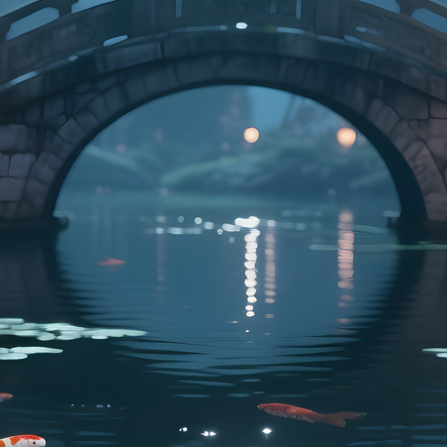 A Tranquil Koi Pond Under Moonlight, Water Surface Shimmering With Silver Reflections As Koi Fish - Full Resolution Quality Preview