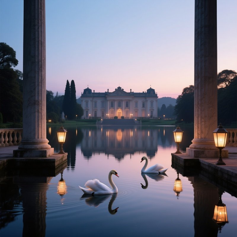A Tranquil Lake At Twilight Reflected In A Grand Palace Terrace, Columns Framing The View, And