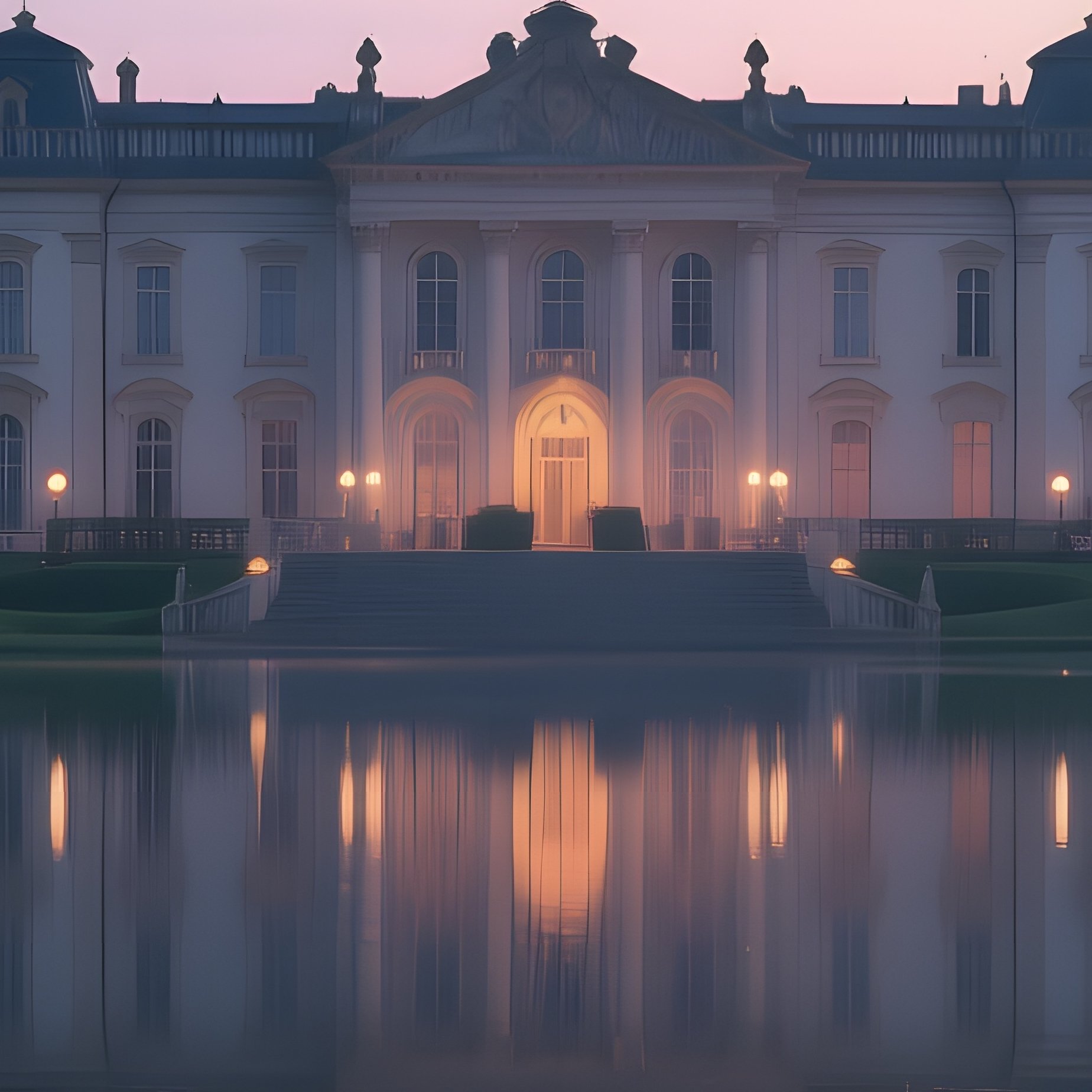 A Tranquil Lake At Twilight Reflected In A Grand Palace Terrace, Columns Framing The View, And - Full Resolution Quality Preview