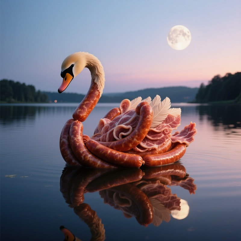 A Tranquil Lake At Twilight Reflecting A Floating Sculpture Of A Swan Composed Of Intertwined
