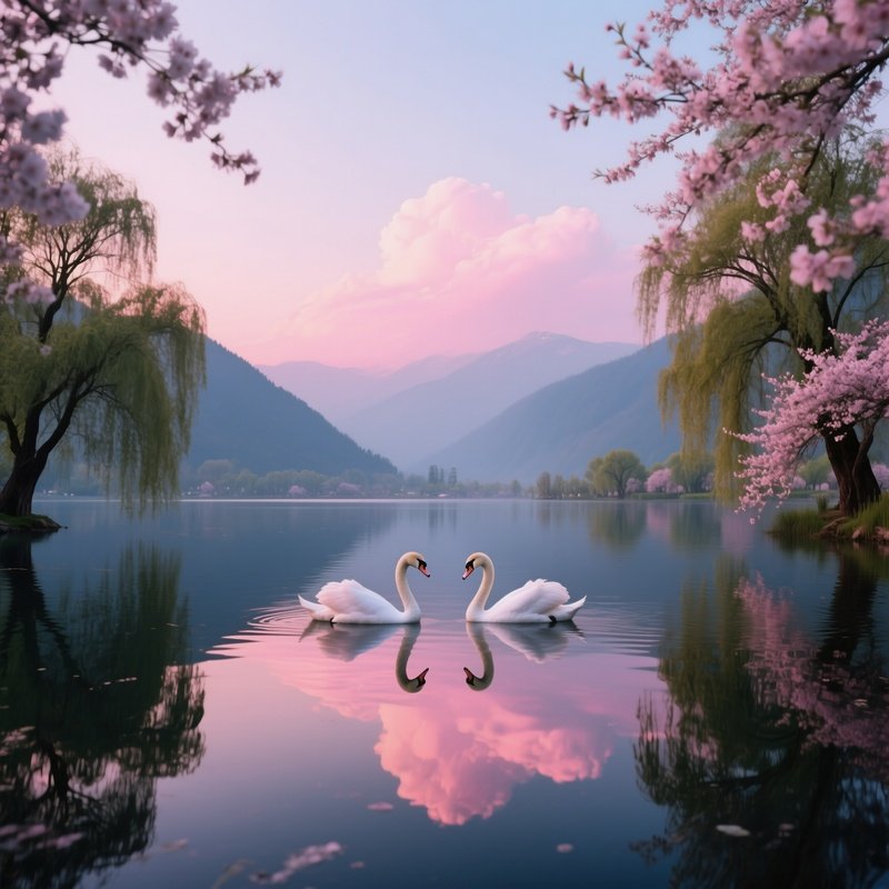 A Tranquil Lake Scene In Kashmir At Dusk, Swans Gliding Across Mirror‑Like Water Reflecting Pink