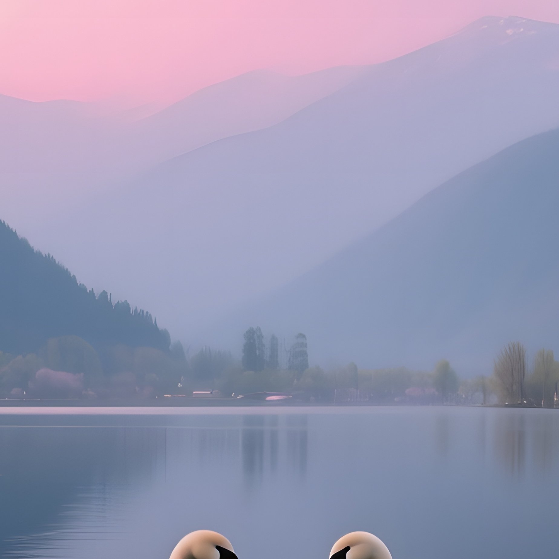 A Tranquil Lake Scene In Kashmir At Dusk, Swans Gliding Across Mirror‑Like Water Reflecting Pink - Full Resolution Quality Preview
