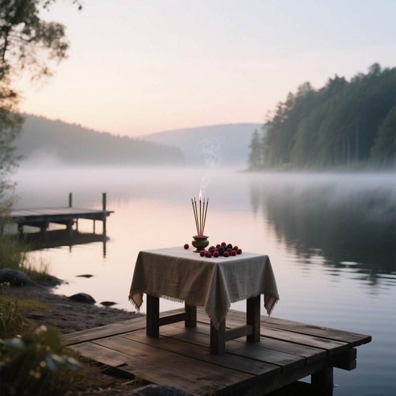 A Tranquil Lake Shore Altar At Dawn, Mist Hovering Over Water, A Wooden Pier With A Simple Cloth