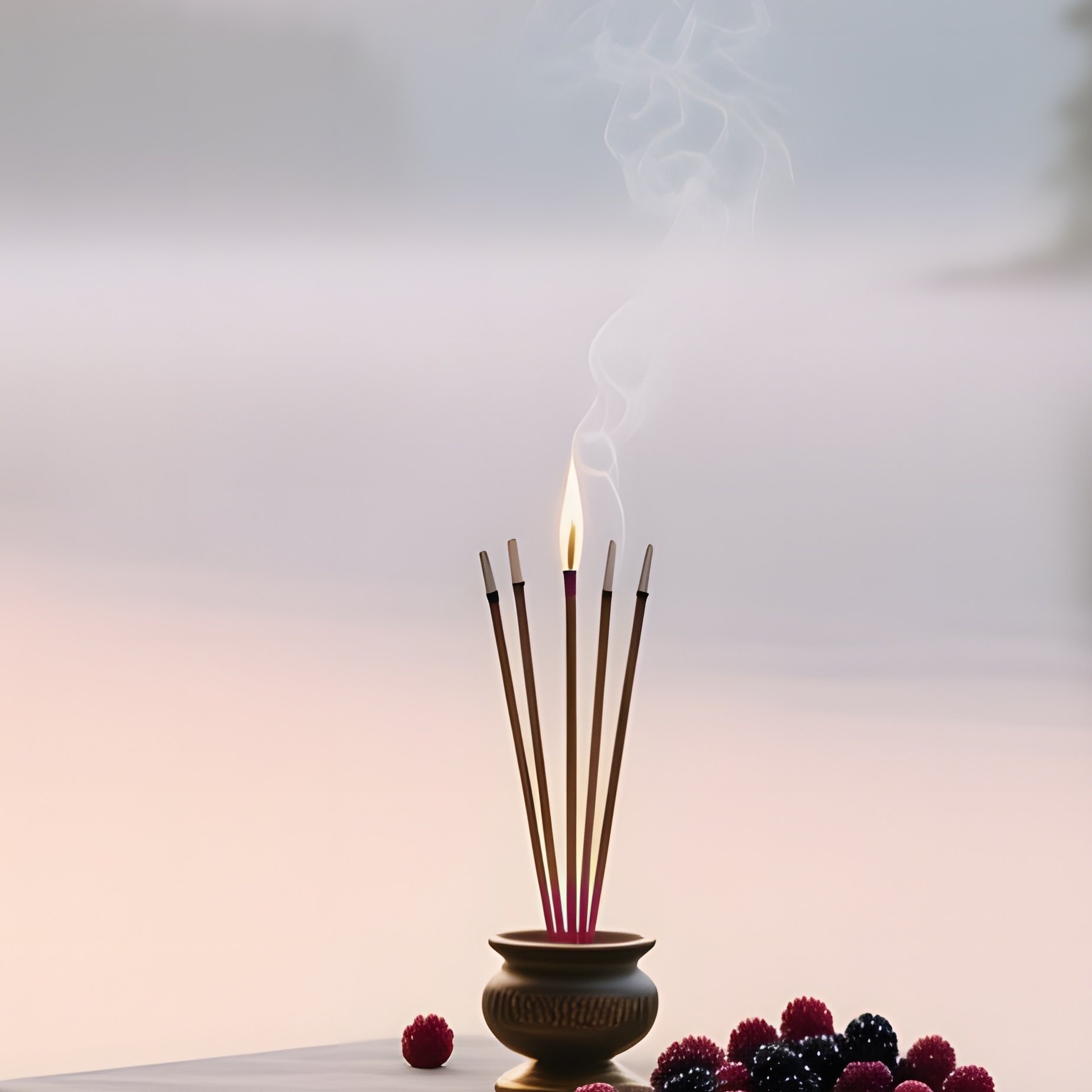 A Tranquil Lake Shore Altar At Dawn, Mist Hovering Over Water, A Wooden Pier With A Simple Cloth - Full Resolution Quality Preview