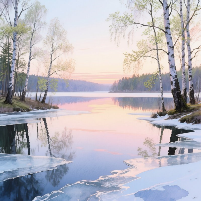 A Tranquil Lake Surrounded By Birch Trees In Early Spring, Water Reflecting Pastel Sunrise,