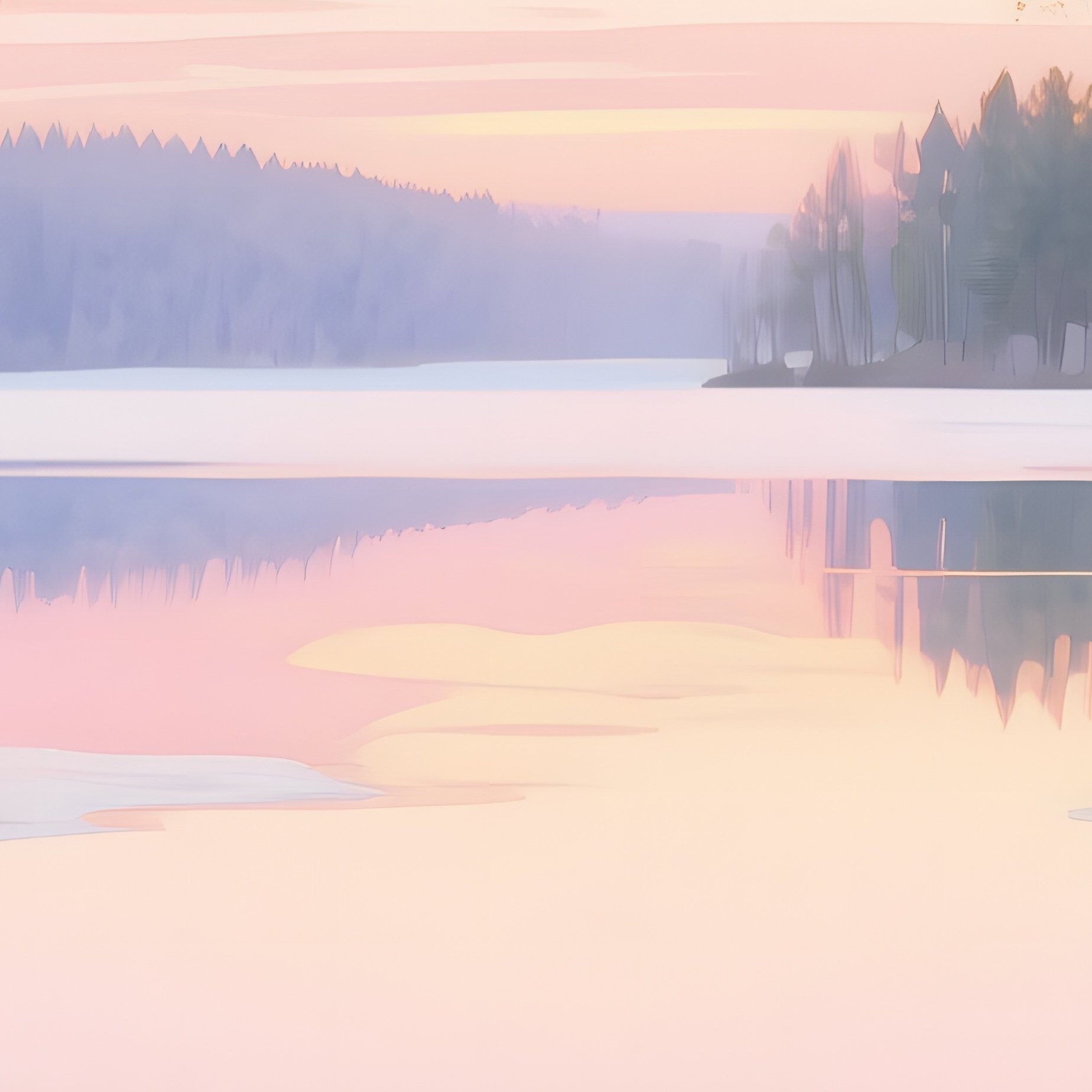 A Tranquil Lake Surrounded By Birch Trees In Early Spring, Water Reflecting Pastel Sunrise, - Full Resolution Quality Preview
